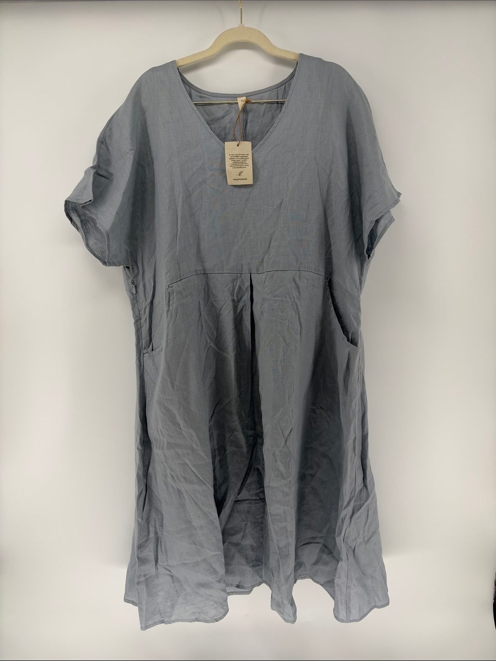 NWT Grae Cove Smokey Blue Linen A-Line V Neck Side Zip Dress XXL